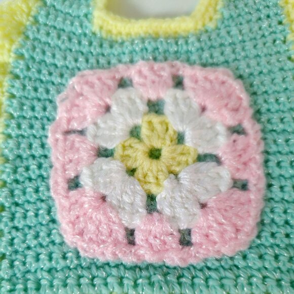 Vintage Handmade Crochet Baby Doll Bib Pastel Yellow Green Tie Closure - Picture 3 of 4